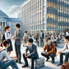 A university campus scene focusing on students and professors discussing in an open area, representing the university's strong collaboration with local communities and businesses through industry-academia partnerships. The environment should showcase a vibrant and active academic atmosphere, with Japanese students and professionals engaging in meaningful discussions. In the background, there should be a modern academic building that hints at research and innovation.