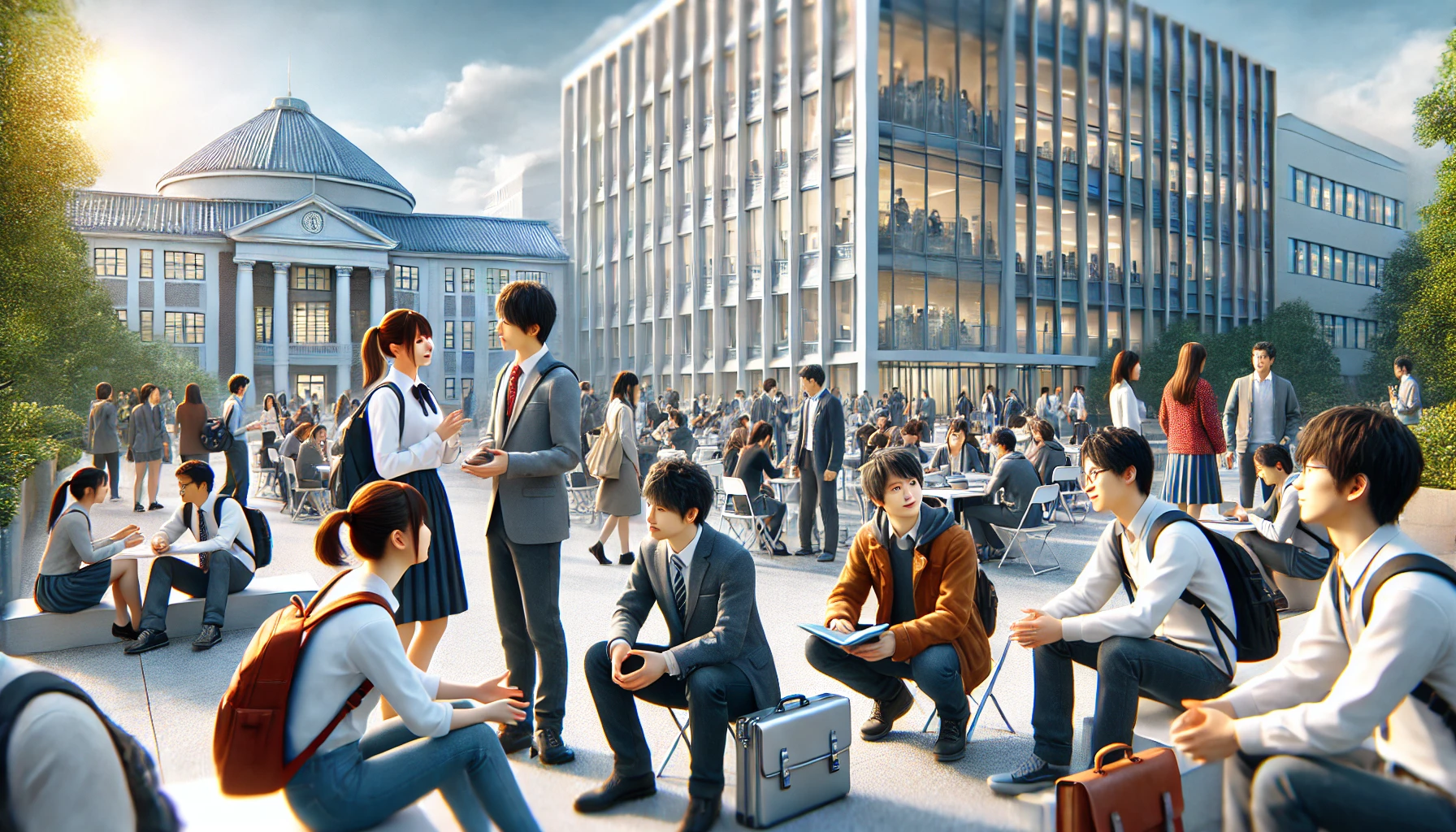 A university campus scene focusing on students and professors discussing in an open area, representing the university's strong collaboration with local communities and businesses through industry-academia partnerships. The environment should showcase a vibrant and active academic atmosphere, with Japanese students and professionals engaging in meaningful discussions. In the background, there should be a modern academic building that hints at research and innovation.