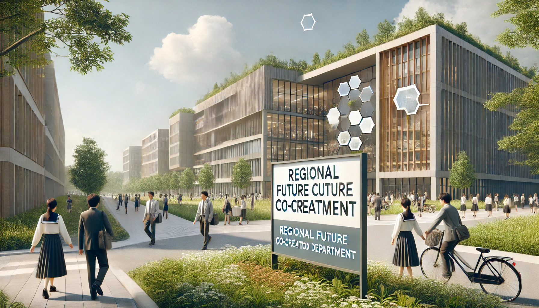 A university campus with a new building representing the 'Regional Future Co-Creation Department,' symbolizing innovation and connection with the local community. The image should feature a modern, eco-friendly building with students walking around and a sign or banner indicating the new department. The scene should feel vibrant, with greenery and clear skies, showcasing a forward-looking educational environment. The students should be Japanese, reflecting a welcoming and dynamic atmosphere.