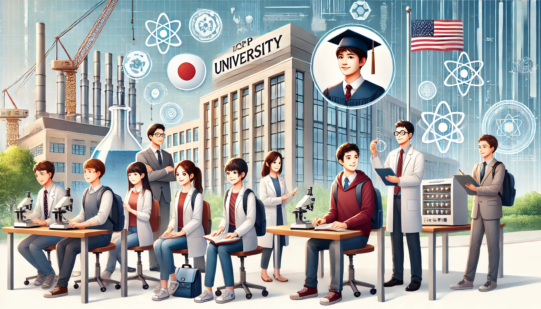 An image depicting students attending a top university in the United States, engaged in studies or research. The students should represent a diverse group, with some of them being Japanese, reflecting the multicultural environment. The background features modern university buildings and scientific equipment, showing the advanced facilities at one of the world's leading science and engineering universities.