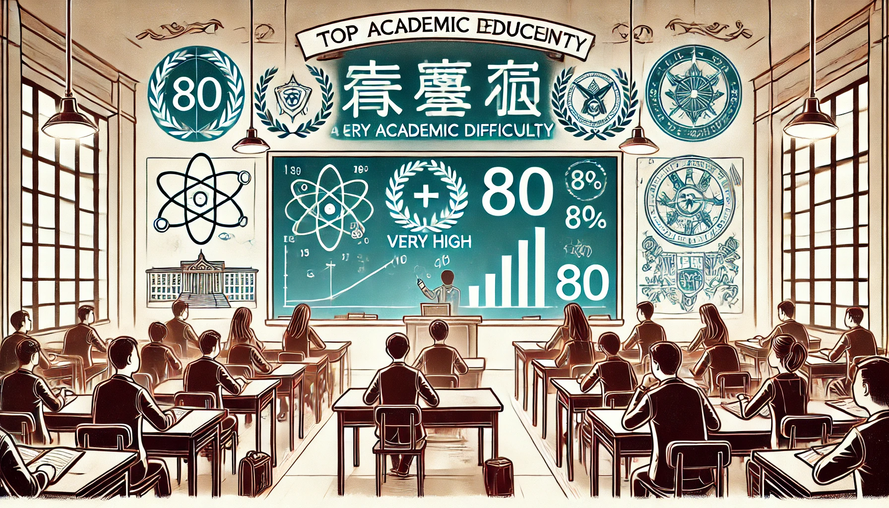 An illustration representing a high academic standard and elite education at a top university in the United States, focusing on a metaphorical representation of a very high '偏差値' or academic difficulty. Depict a classroom scene with advanced scientific formulas on the board, students deeply engaged in their studies, and symbols of academic excellence. The atmosphere should reflect the challenging, top-tier nature of education, akin to a university with a偏差値 of 80.