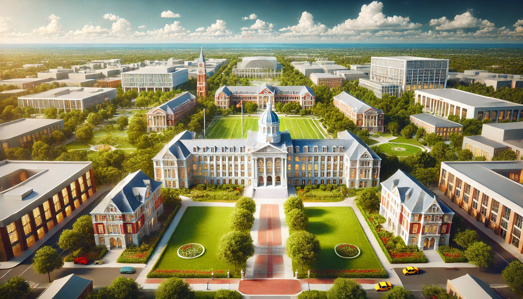 An image of a prestigious university campus in the United States, symbolizing one of the world’s top science and engineering schools. The campus is spacious, with iconic academic buildings, green lawns, and modern research facilities. The scene should capture a bright, sunny day, with a clear blue sky and a few clouds, representing an elite institution in America.