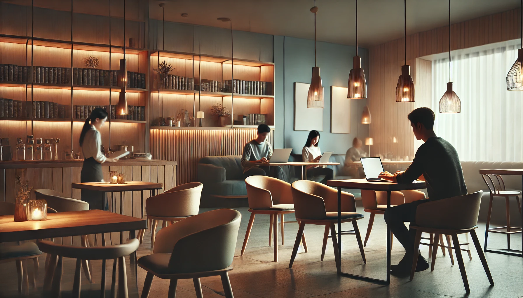 A calm and quiet cafe with modern wooden furniture, soft lighting, and minimal decorations, creating an ideal environment for studying. A few people sitting quietly, working on their laptops or reading books. The scene feels cozy and focused.