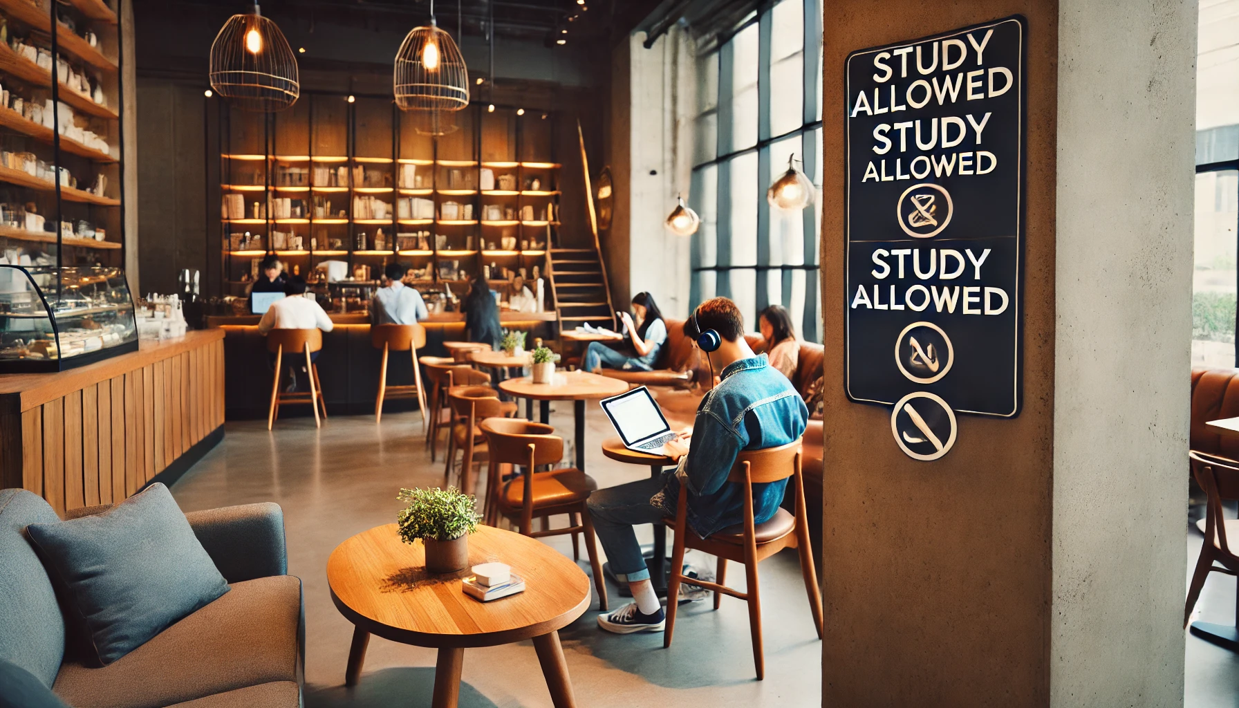 A calm cafe interior with a clear sign indicating which tables allow studying and which do not. The cafe features wooden tables, cozy seating, and signs that mention 'study allowed' and 'study prohibited' areas. Some people are working while others relax without devices.