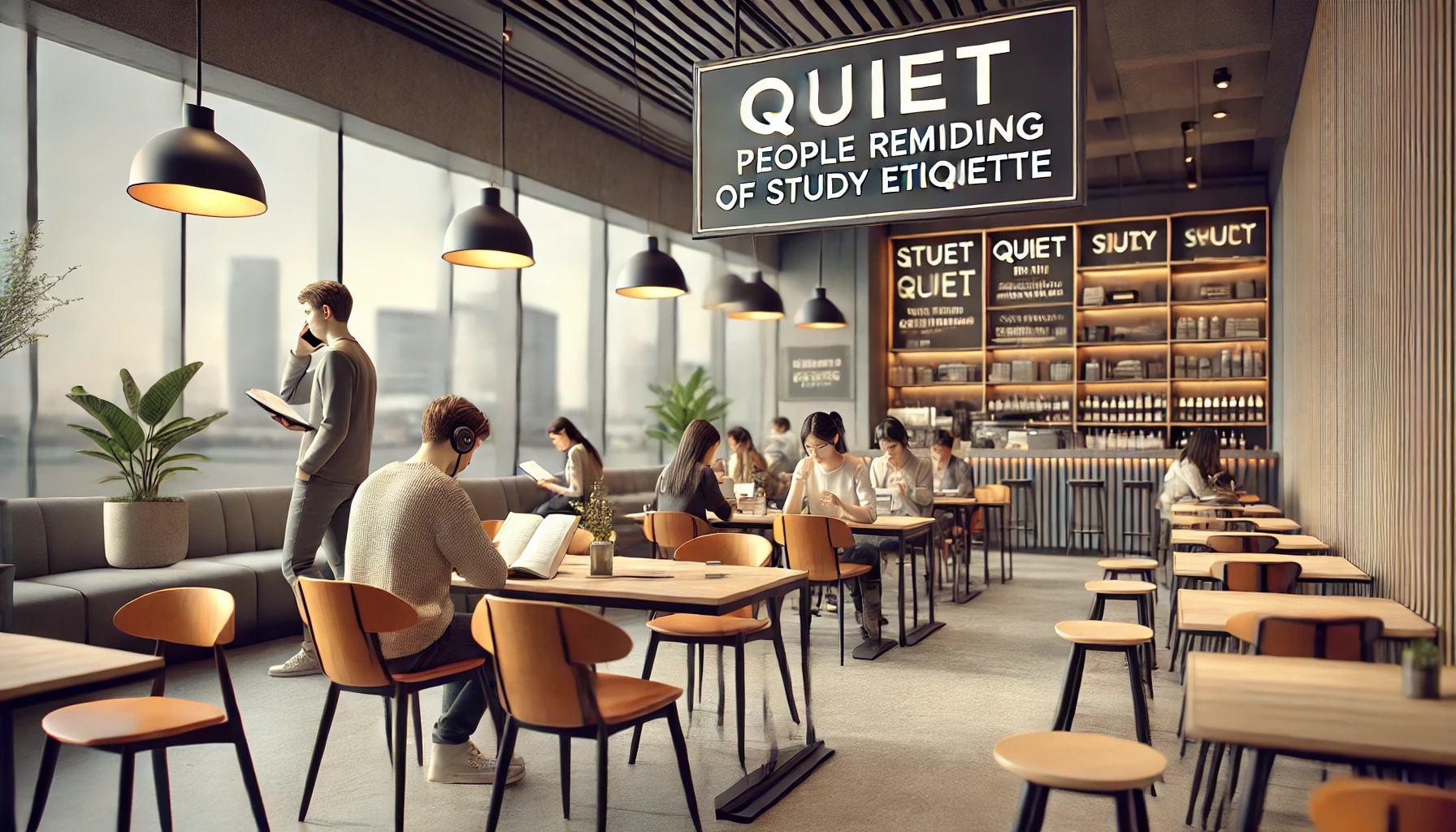 A calm and quiet cafe with a clear view of people following studying etiquette. The setting features modern furniture, quiet signs reminding of study etiquette, and a few people keeping to themselves while working or reading. The atmosphere is respectful and focused.