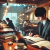 A calm cafe environment with a Japanese student studying diligently, surrounded by books and a laptop, showcasing effective study habits. The student appears focused, and the scene is set with soft lighting, wooden furniture, and a quiet atmosphere. The setting highlights productivity.