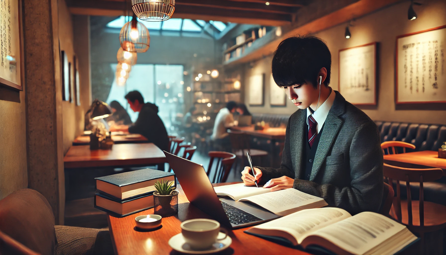 A calm cafe environment with a Japanese student studying diligently, surrounded by books and a laptop, showcasing effective study habits. The student appears focused, and the scene is set with soft lighting, wooden furniture, and a quiet atmosphere. The setting highlights productivity.