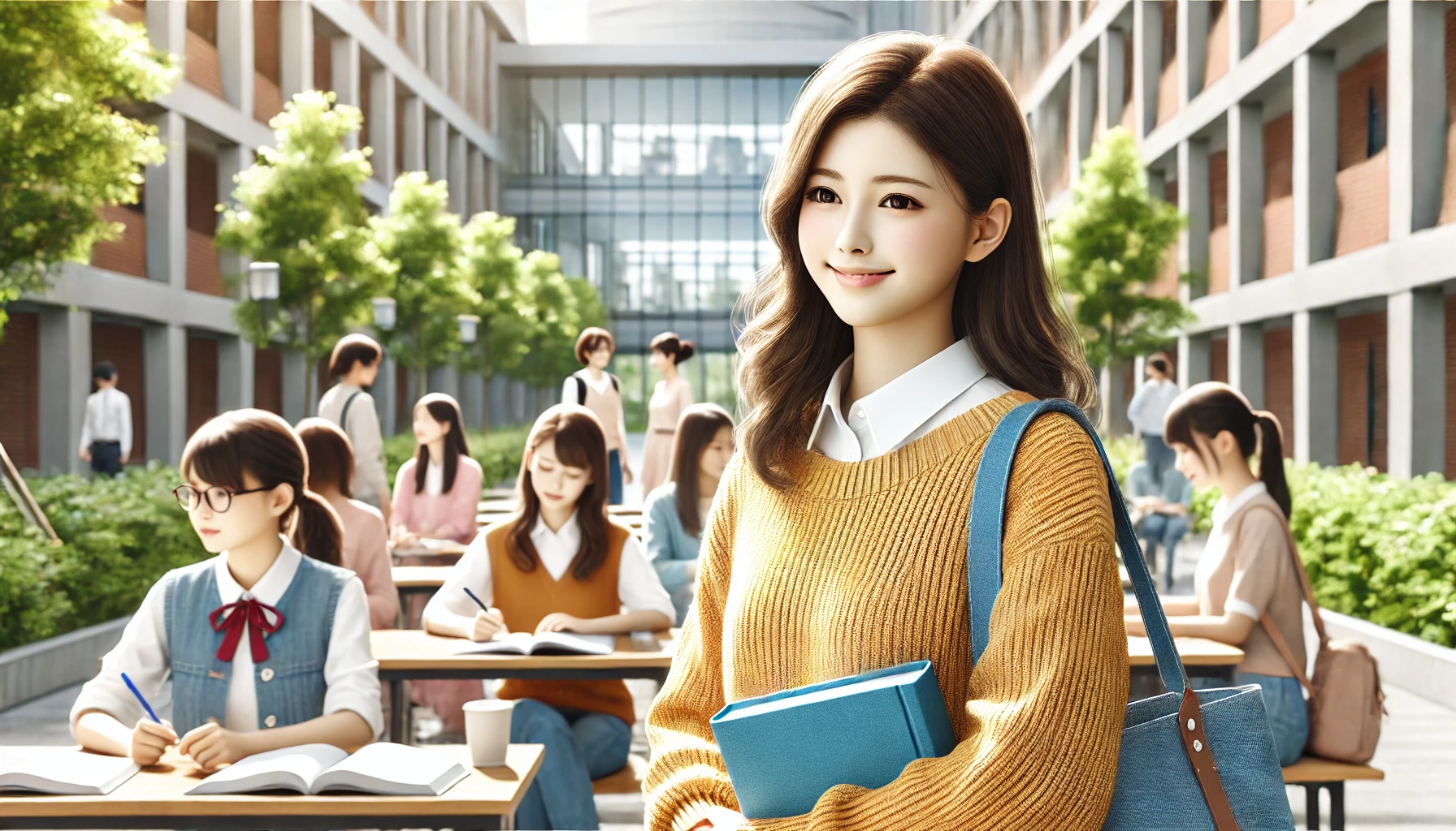 A bright and welcoming university campus of a Japanese all-women's college, with students attending classes and engaging in conversations. They are Japanese, dressed casually, emphasizing intelligence and politeness. The campus features modern buildings and greenery, representing an academic environment focused on high-quality education. The image captures the daily life of students at a highly regarded university.