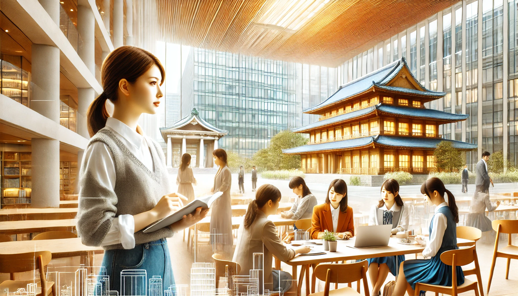 A modern Japanese university campus with female students engaging in collaborative work and research. The setting is bright, with a mix of traditional and modern architecture, symbolizing innovation and academic excellence. The image showcases new initiatives in education, with students discussing projects and ideas, emphasizing the high-quality learning environment.