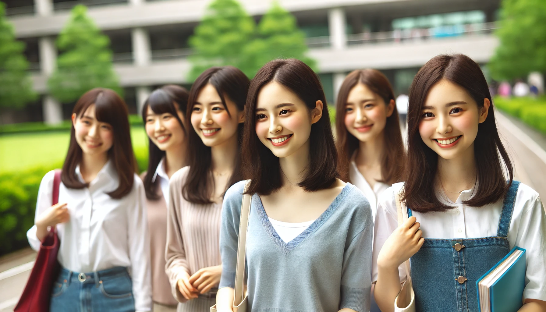 A group of Japanese female students, casually dressed, walking together on a university campus, smiling and chatting. They have a clean and neat appearance, radiating intelligence and self-confidence. The campus is modern and clean, with trees and greenery in the background. The focus is on their polite and respectful demeanor, highlighting the overall atmosphere of the university.