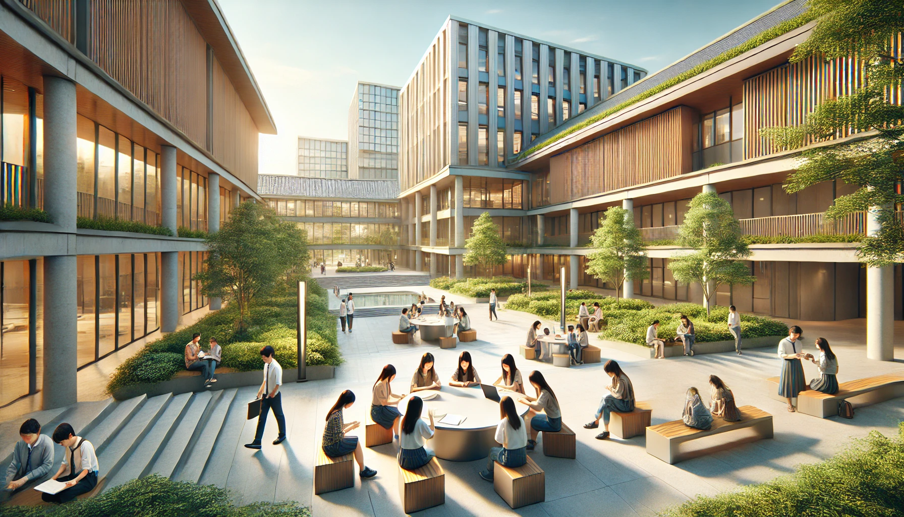 A serene and modern university campus of a Japanese all-women's college, with students engaged in collaborative discussions and studying. The architecture is a blend of traditional and contemporary, surrounded by greenery. The image showcases the university's commitment to education quality, with a clean and organized environment that represents the high standard of learning. The students are mostly Japanese, dressed casually, emphasizing an academic and respectful atmosphere.