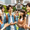 A lively scene at a Japanese university campus with Japanese students interacting and smiling. They appear engaged in conversation or socializing, representing a balance between challenging academics and a positive student life. The background includes university buildings and greenery, showcasing the beautiful and welcoming campus environment. The students are wearing casual clothing and look happy, enjoying their time despite the academic demands.