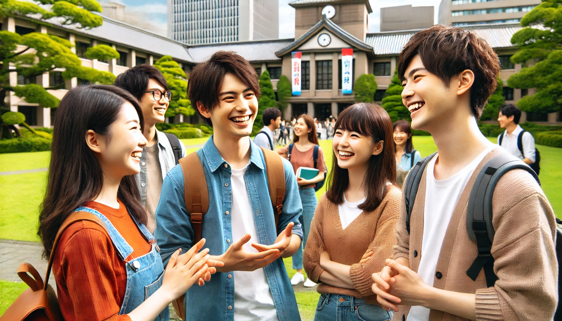 A lively scene at a Japanese university campus with Japanese students interacting and smiling. They appear engaged in conversation or socializing, representing a balance between challenging academics and a positive student life. The background includes university buildings and greenery, showcasing the beautiful and welcoming campus environment. The students are wearing casual clothing and look happy, enjoying their time despite the academic demands.