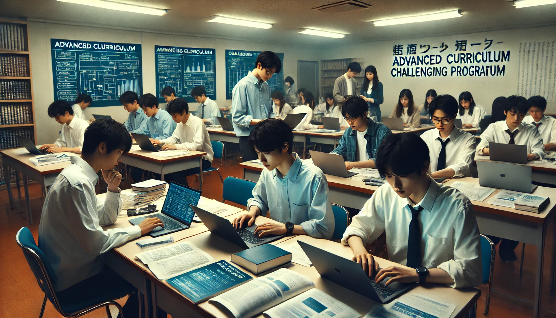 A group of Japanese university students inside a classroom or study room working on laptops and projects together. The environment feels intense yet collaborative, showcasing a rigorous academic atmosphere. In the background, posters or signs highlight 'Advanced Curriculum' or 'Challenging Program'. The students, all Japanese, appear focused but supported, representing a university with a solid academic support system.