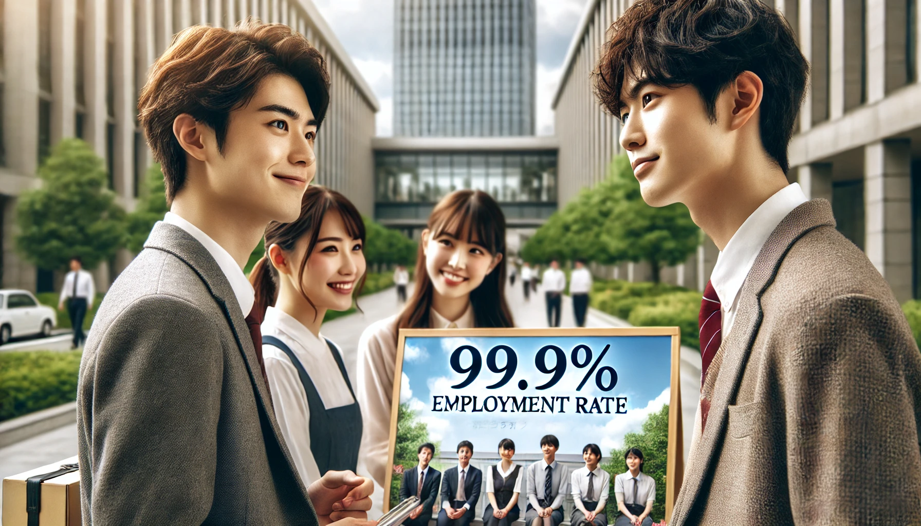 A modern Japanese university campus scene with Japanese students, focused on a banner or display that says '99.9% Employment Rate'. The students are engaged in discussion, looking motivated and excited about their future. The background shows university buildings with a clean, professional atmosphere and greenery. Highlight a positive, successful academic environment with students wearing casual yet professional attire, smiling and looking confident.