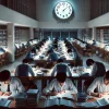 A Japanese university where students must study for long periods with a focus on discipline and planning. The image shows students in a quiet study room with books and notes spread out, concentrating on their work late into the evening. A clock on the wall indicates late-night study sessions. The atmosphere is one of dedication, focus, and the intense effort required to succeed at this prestigious institution.