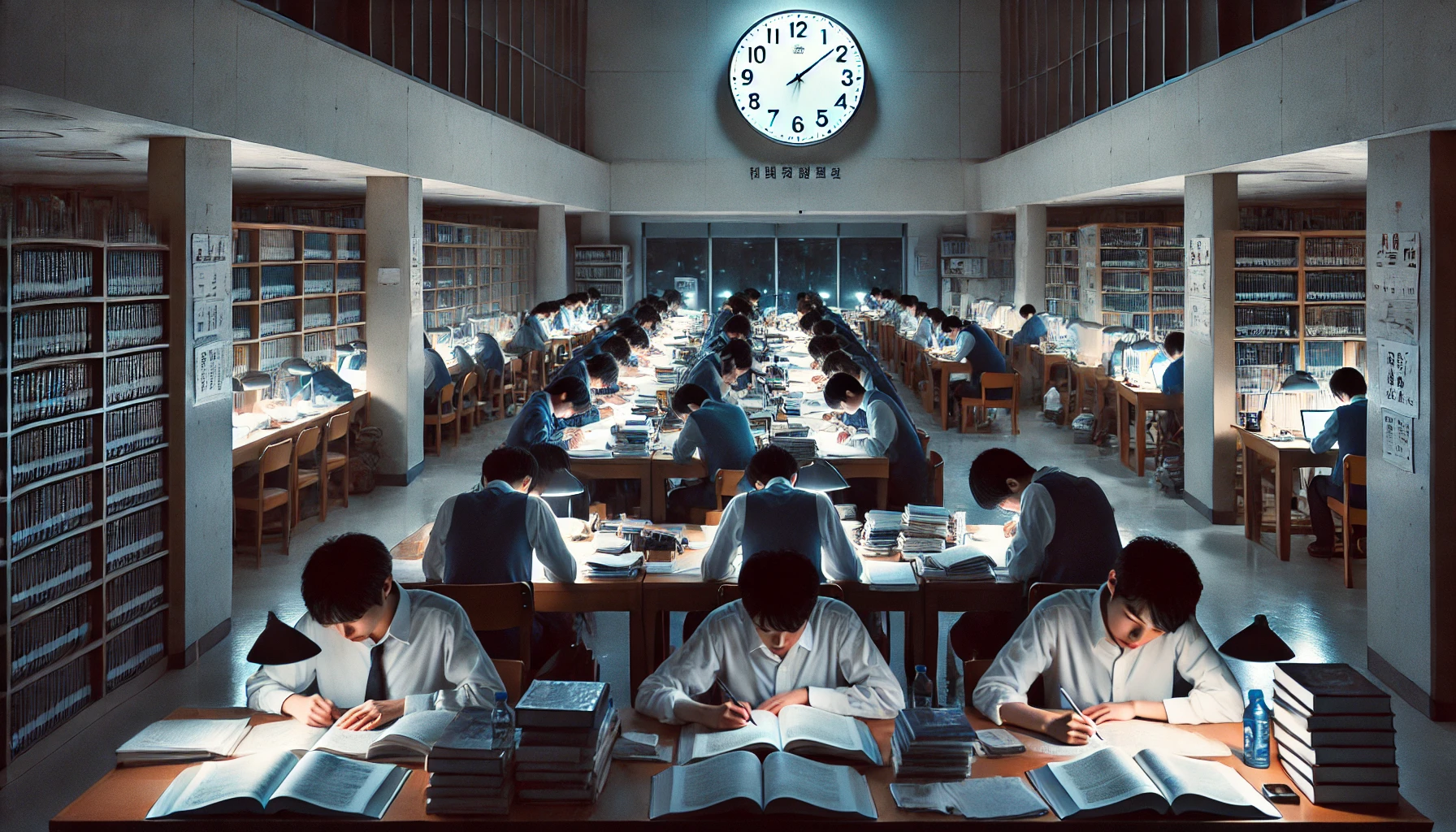 A Japanese university where students must study for long periods with a focus on discipline and planning. The image shows students in a quiet study room with books and notes spread out, concentrating on their work late into the evening. A clock on the wall indicates late-night study sessions. The atmosphere is one of dedication, focus, and the intense effort required to succeed at this prestigious institution.