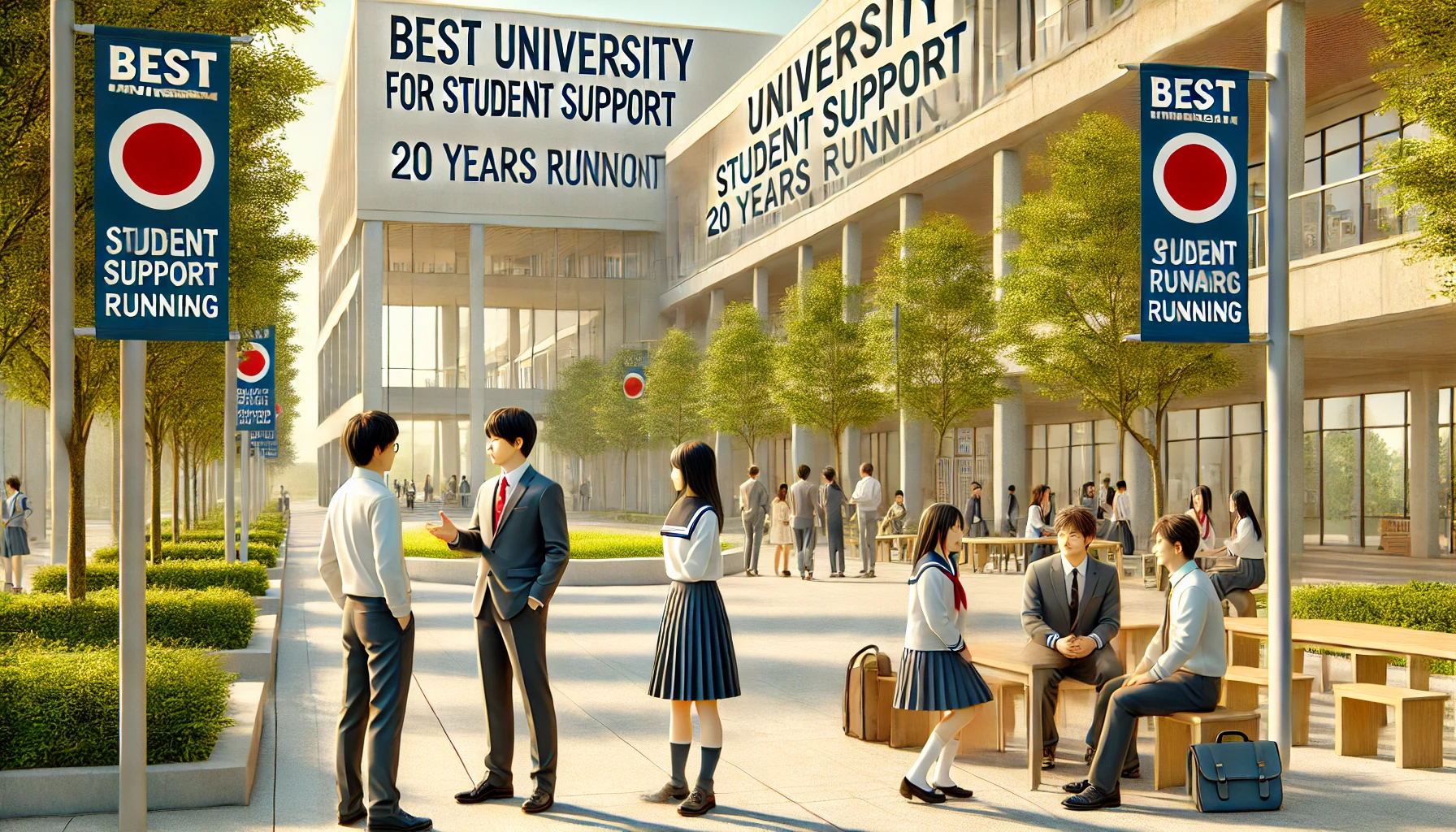 A modern Japanese university campus scene where students and faculty interact in an academic setting. Highlight a professional atmosphere with banners or signs mentioning 'Best University for Student Support, 20 Years Running' in the background. The campus should feature modern architecture and well-maintained greenery. Include a few students in conversation, with Japanese ethnicity, portraying a welcoming and supportive academic environment.