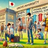 A vibrant scene at a prestigious university campus, featuring students from the sports, psychology, and international studies departments. Japanese students are shown engaged in conversation, studying on the lawn, or preparing for athletic activities. The scene highlights the active academic and extracurricular life on campus. The university buildings are modern, and banners promoting these academic fields are visible. The atmosphere is dynamic and focused on learning. Horizontal (16:9).