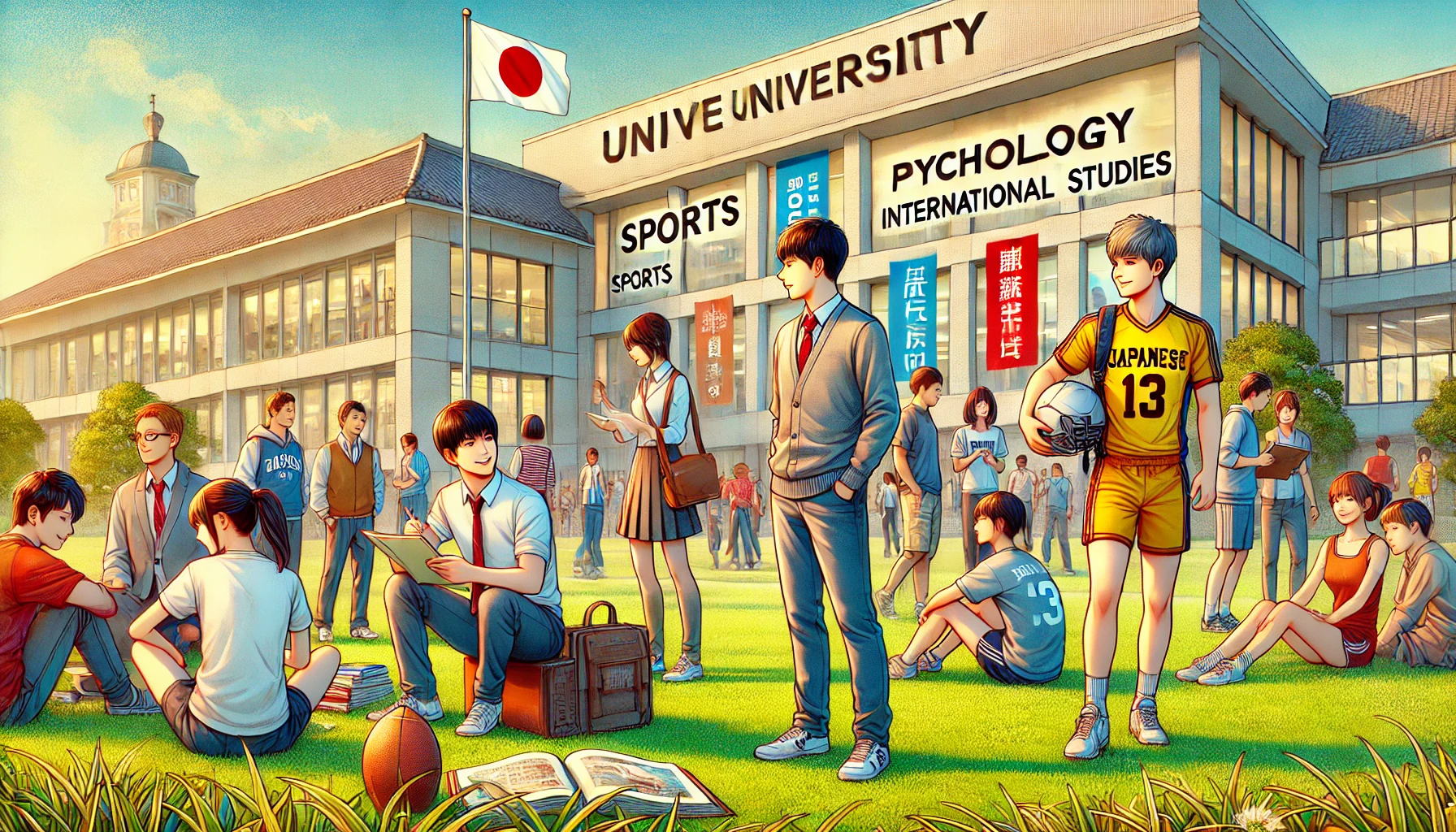 A vibrant scene at a prestigious university campus, featuring students from the sports, psychology, and international studies departments. Japanese students are shown engaged in conversation, studying on the lawn, or preparing for athletic activities. The scene highlights the active academic and extracurricular life on campus. The university buildings are modern, and banners promoting these academic fields are visible. The atmosphere is dynamic and focused on learning. Horizontal (16:9).