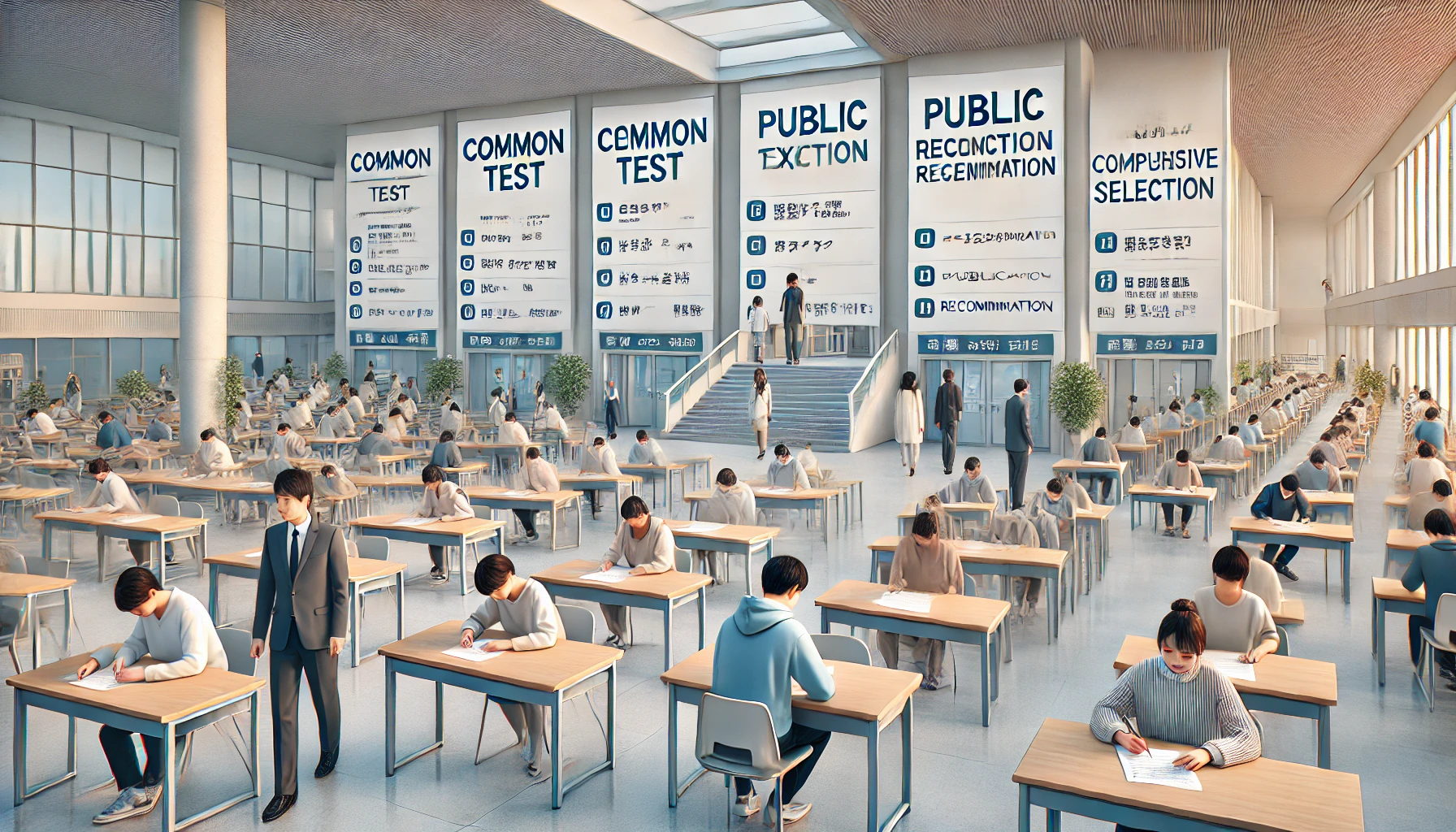 A modern university conducting a variety of entrance exams and selection processes. The image features a spacious exam hall with desks arranged for an entrance exam, students filling in forms. Nearby, university staff guide students. Signage highlights options like 'Common Test,' 'Public Recommendation,' and 'Comprehensive Selection.' The scene showcases the diversity of admissions methods offered. Japanese students and a clean, professional university environment are highlighted. Horizontal (16:9).