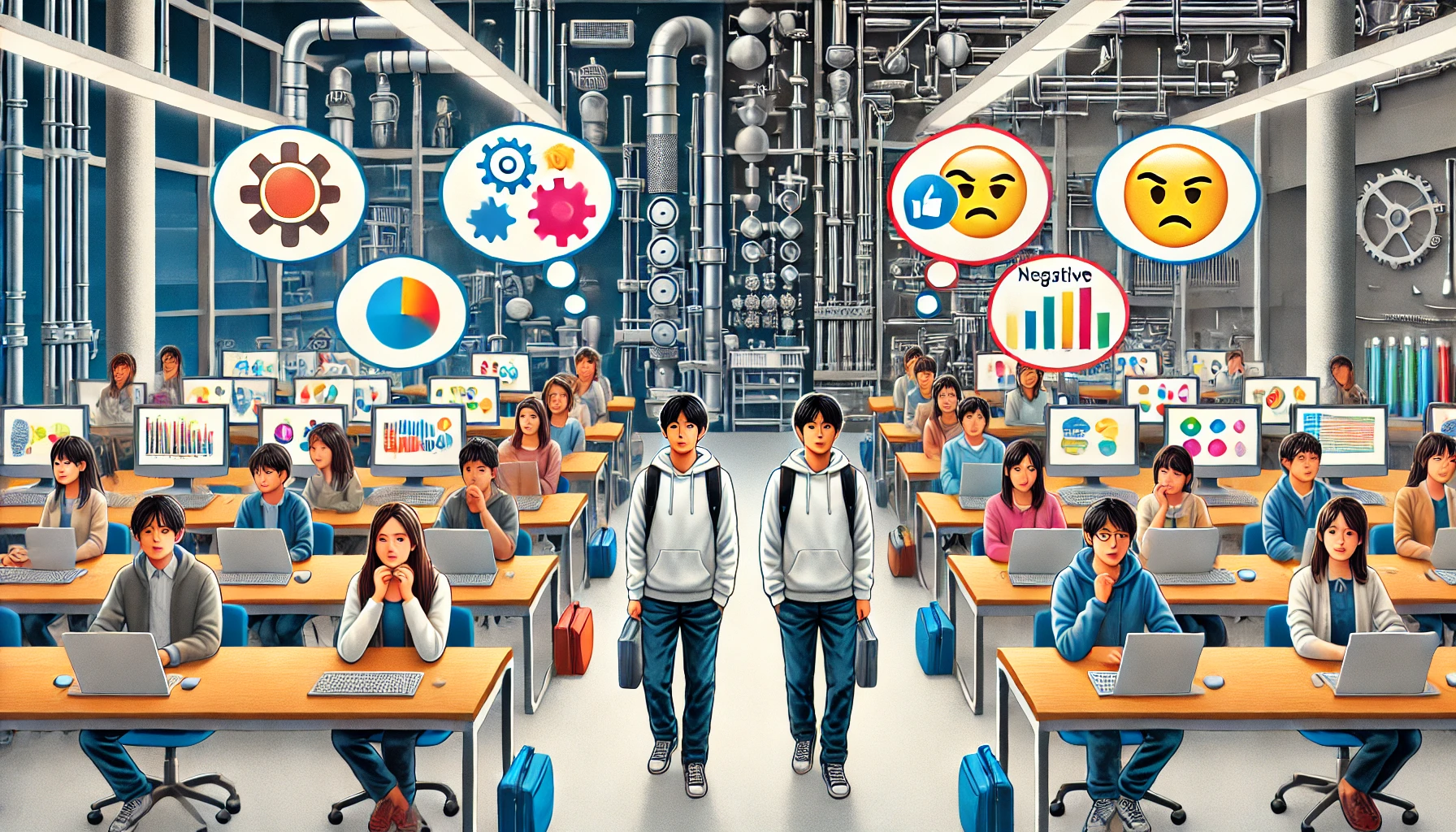 A university scene showing the divide in public opinion about the curriculum. One half of the image represents positive opinions, featuring engaged students in modern classrooms and advanced labs. The other half shows skeptical faces, with negative comments symbolized by thought bubbles or contrasting colors, depicting the mixed reactions towards a technologically focused curriculum. The students are Japanese, and the overall design reflects a technological university environment.