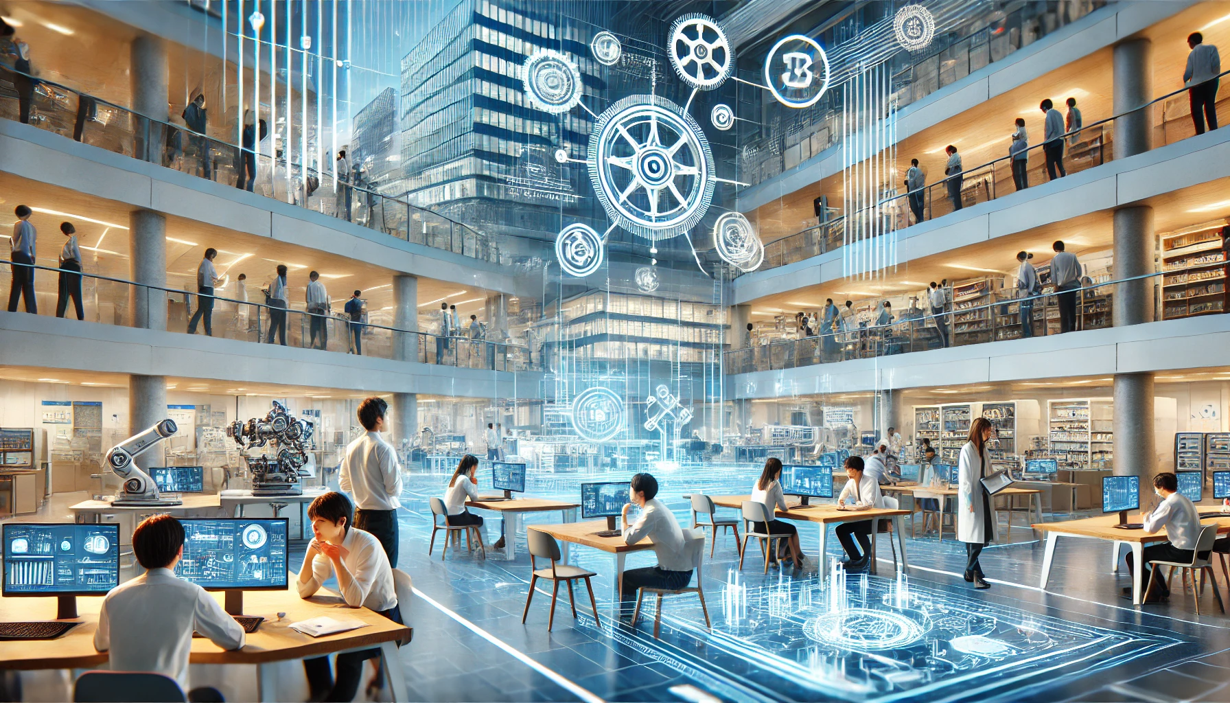 A futuristic university campus with advanced technology, showing an environment of innovation. The scene includes students working on engineering projects, modern laboratories, and robotic machines. The atmosphere is vibrant with an emphasis on the integration of industry and education, highlighting a forward-thinking, technology-driven curriculum. Japanese students are engaged in discussions, with high-tech devices and collaborative spaces visible. A clean and structured campus design with a focus on science and technology.