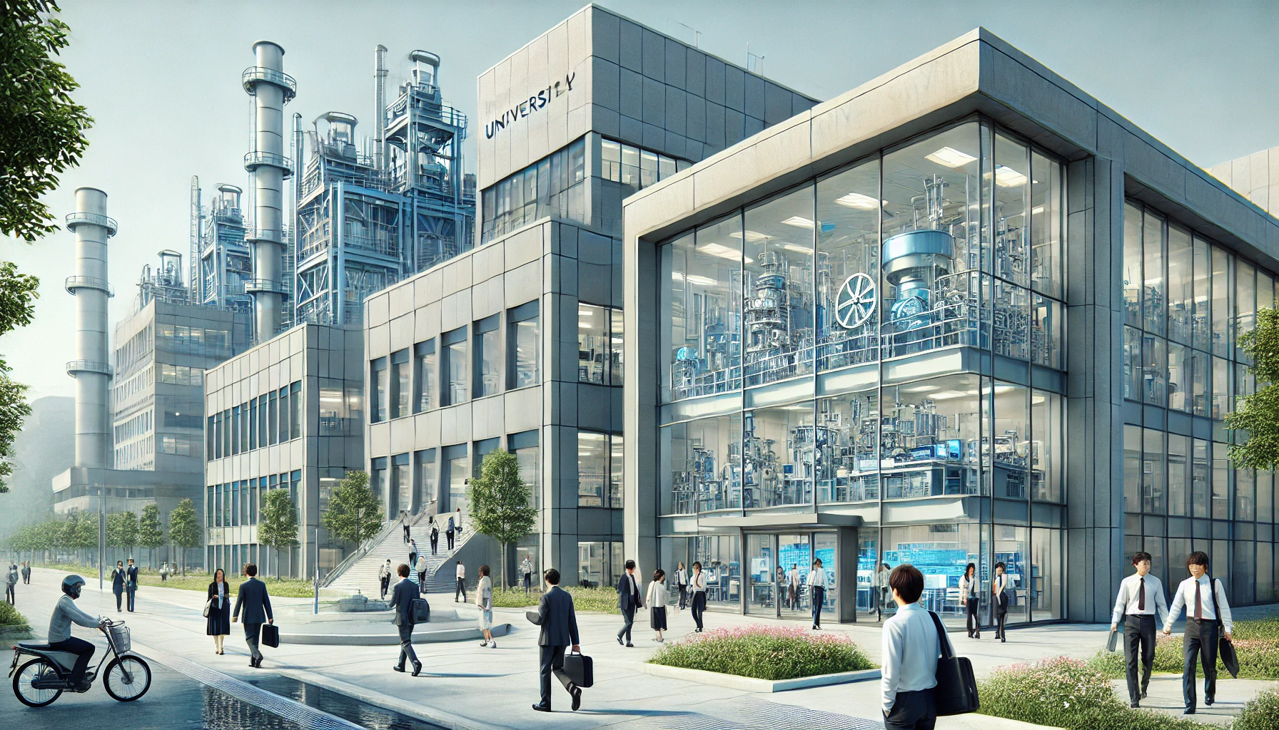 A modern industrial university campus in the Chubu region of Japan, showcasing its focus on advanced technology and engineering education. The scene includes sleek, contemporary buildings with large glass windows, students walking with laptops and books, and research equipment visible through the windows. In the background, some industrial facilities or factories are faintly visible, emphasizing the connection to local industry.