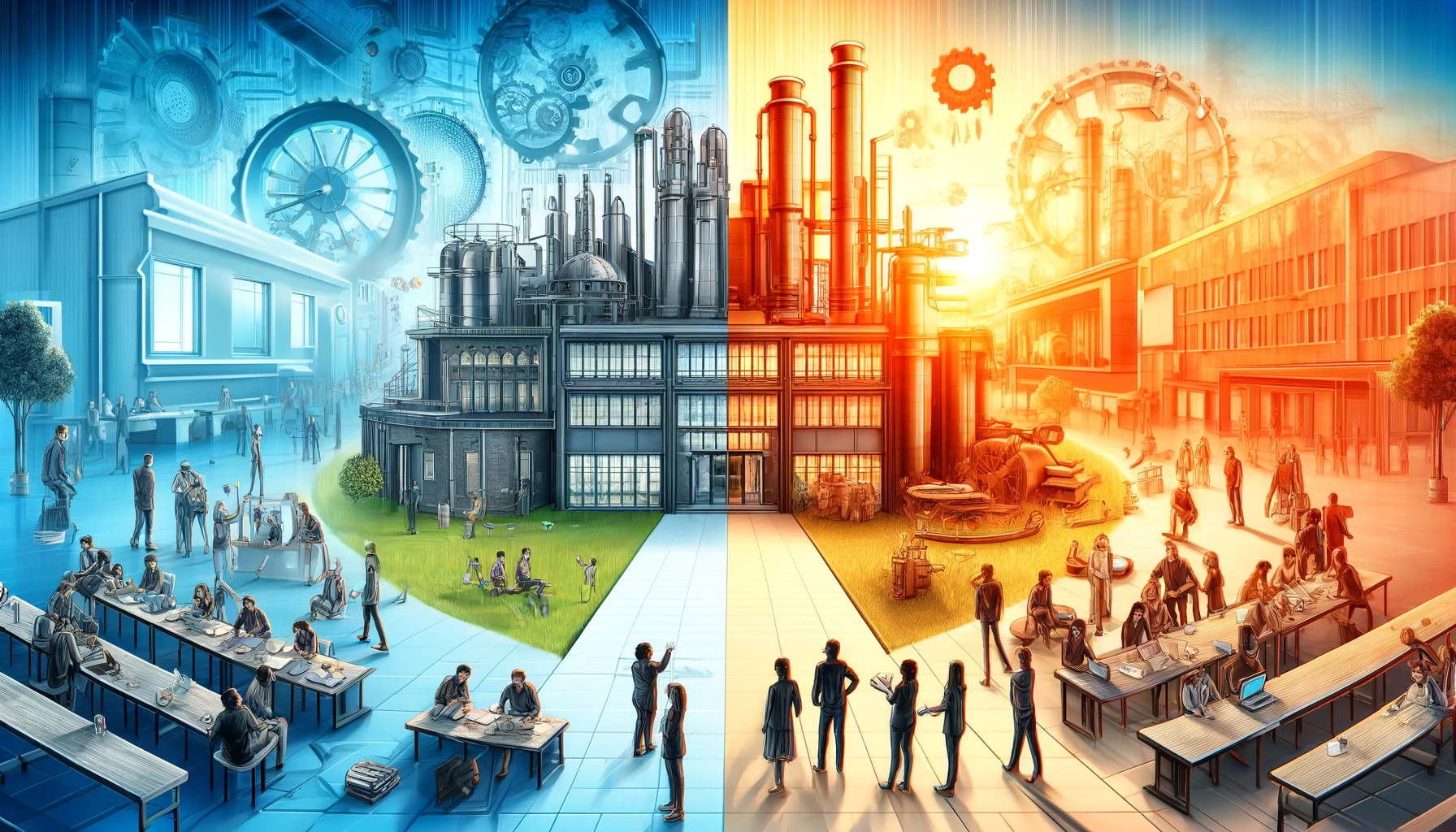 A split image representing the two contrasting evaluations of an industrial-focused university. On one side, a vibrant, successful campus with students engaged in projects and modern facilities. On the other side, a less recognized evaluation with people in discussion, showing concern or confusion, representing the mixed or lesser-known reputation. The image should clearly depict the two polar views—one optimistic and advanced, and the other uncertain, reflecting the divided opinions about the university.