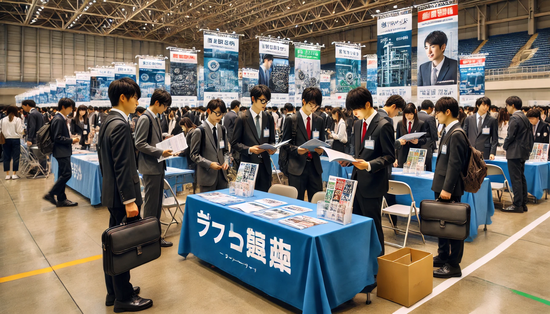 A successful job fair scene at a Japanese university with students in business attire interacting with company representatives. Tables with brochures from famous industrial companies such as automotive and manufacturing industries (without logos). The atmosphere reflects professionalism and excitement, with banners showing career opportunities in engineering, technology, and industrial fields. The setting emphasizes a strong connection between the university and the job market, highlighting the university's excellent employment rate.