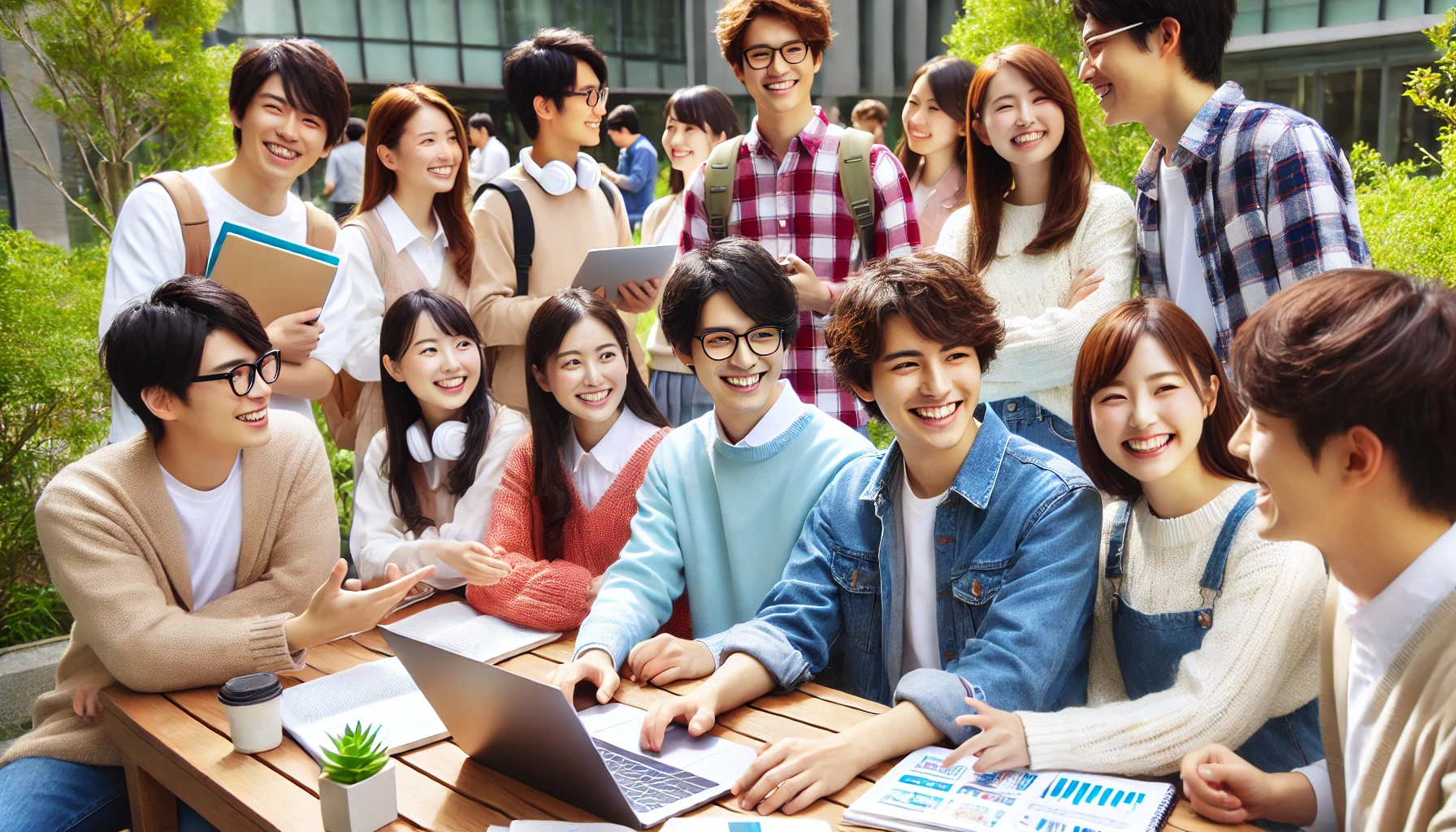 A group of bright and friendly Japanese university students gathered on campus, some discussing projects, others working on laptops outdoors. The students are smiling and interacting in a positive, collaborative atmosphere. The scene is set on a modern university campus with greenery, showcasing the students' enthusiasm for learning and innovation. The environment is lively and welcoming, reflecting their high academic achievements and vibrant personalities.