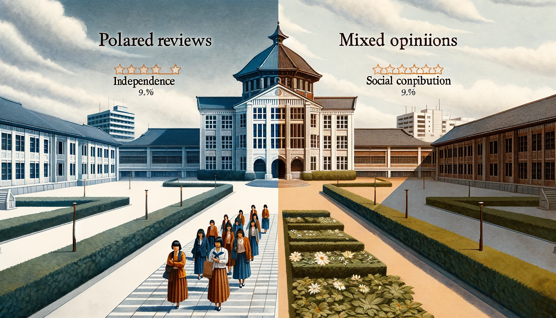 A split scene depicting a Japanese women's university with contrasting evaluations. On one side, the university is celebrated for its focus on women's independence and social contribution. The other side shows some critique, with terms like 'polarized reviews' and 'mixed opinions' subtly visible in the background. The campus remains a serene and academic environment with historical buildings and greenery.