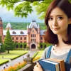 A Japanese female student on a beautiful university campus, with a serene, academic atmosphere. The campus is surrounded by greenery, historic buildings, and a peaceful environment, symbolizing an educational institution focused on women's independence and social contribution. The student is confidently holding books, representing academic dedication and personal growth.