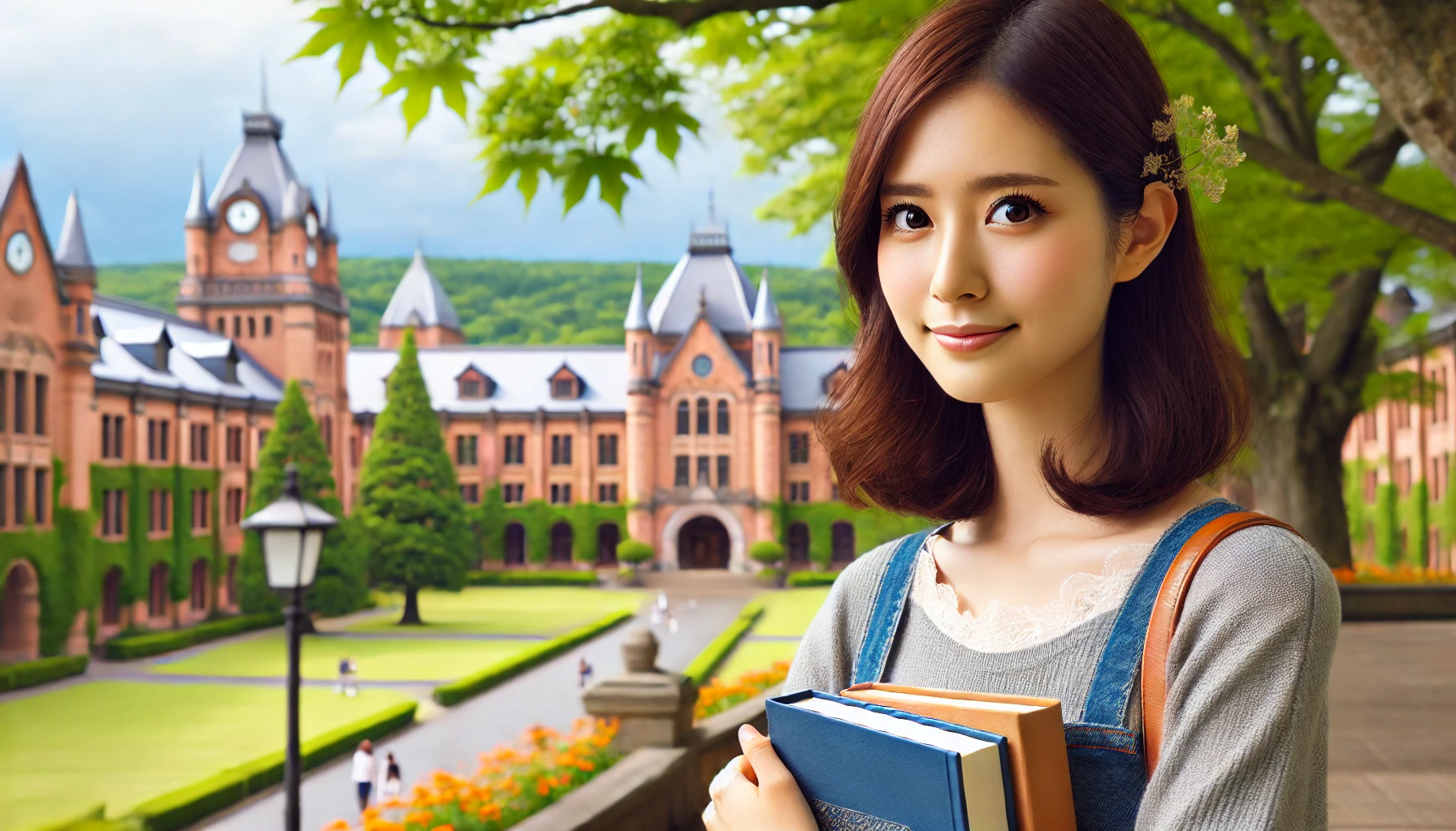 A Japanese female student on a beautiful university campus, with a serene, academic atmosphere. The campus is surrounded by greenery, historic buildings, and a peaceful environment, symbolizing an educational institution focused on women's independence and social contribution. The student is confidently holding books, representing academic dedication and personal growth.