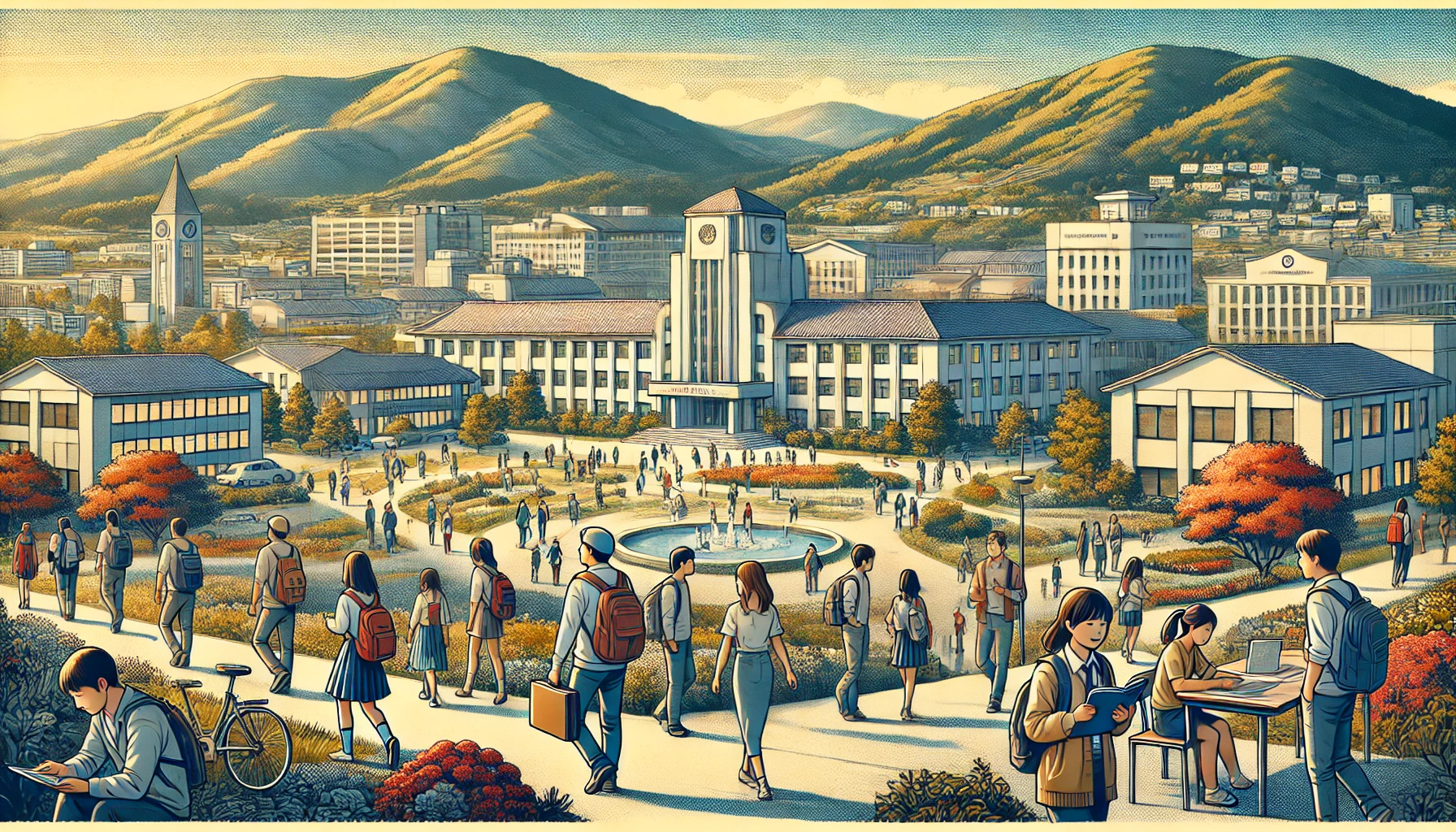 A scenic view of a university campus located in the Tohoku region of Japan, showcasing its beautiful surroundings. The image features students, predominantly Japanese, engaging in various activities like studying, walking, or chatting, emphasizing the university's community feel. The background includes regional characteristics, such as mountains or local flora, with a clear blue sky. The overall atmosphere conveys a sense of a rooted and vibrant educational environment.