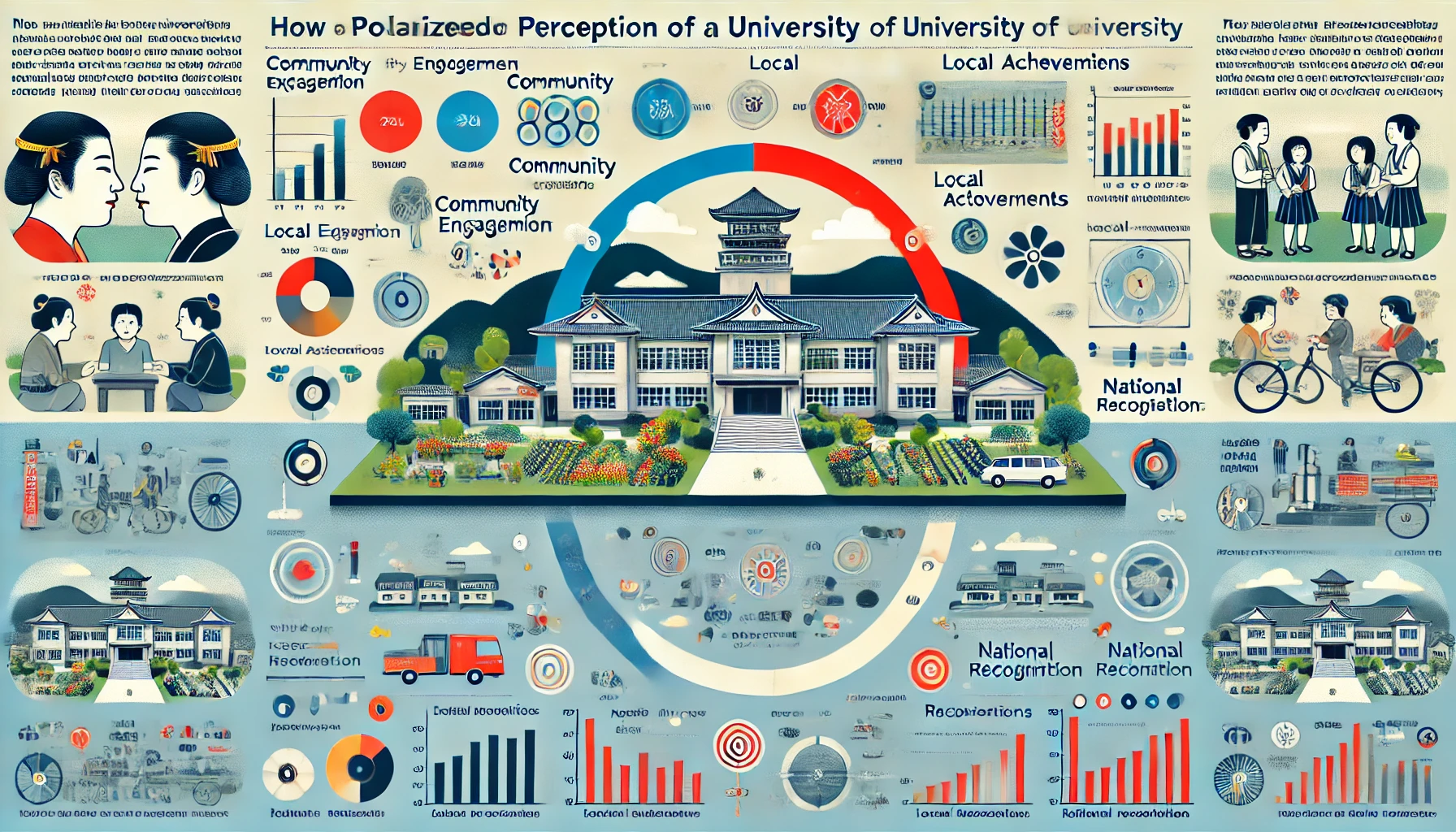 An infographic illustrating the polarized perception of a university in the Tohoku region of Japan. On one side, highlight positive aspects such as community engagement and local achievements. On the other side, depict negative perceptions related to national recognition. Include visual elements like charts or arrows showing the contrasting views, with a balanced layout. The background should reflect the university’s environment, incorporating elements of Japanese culture.