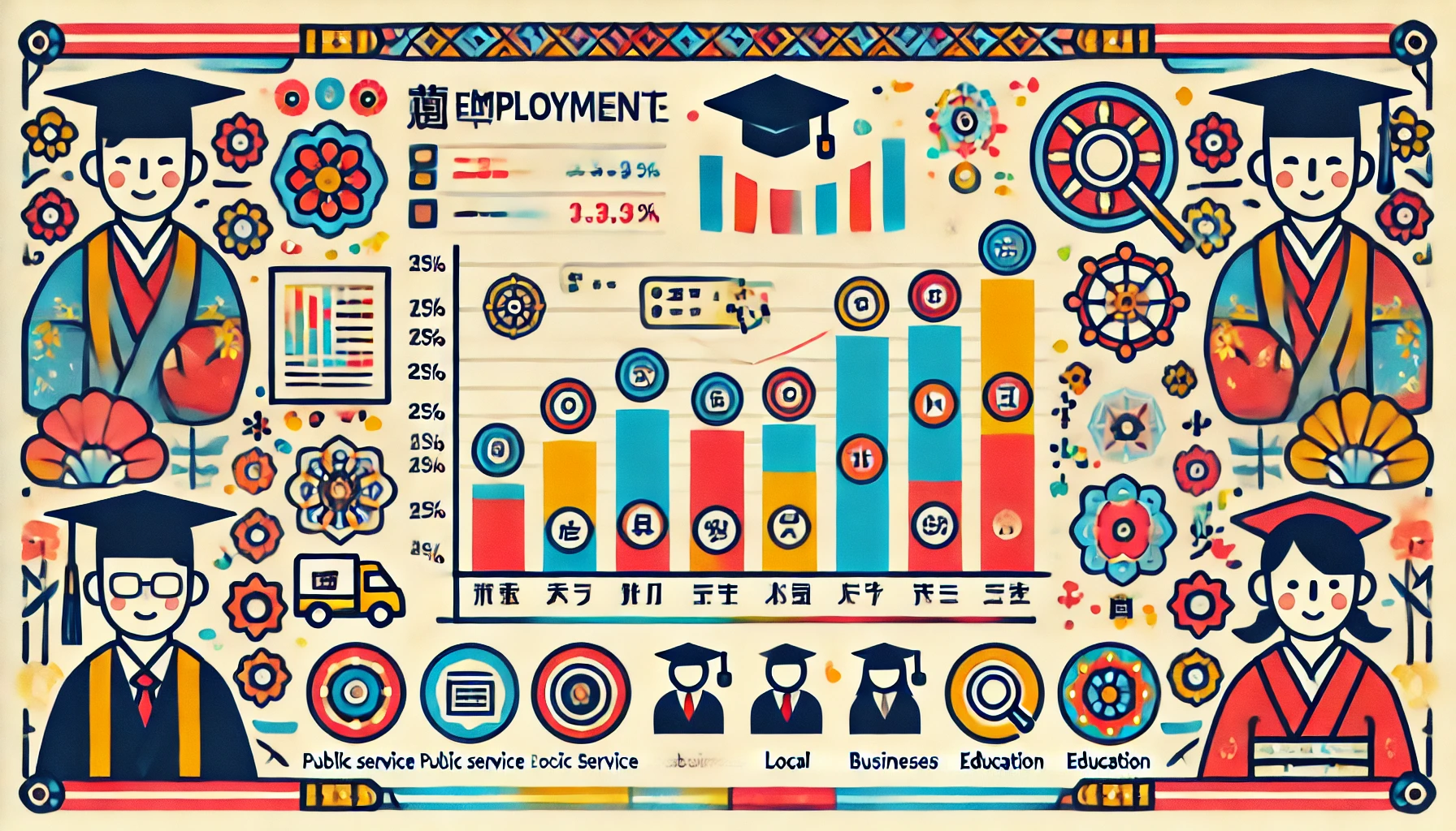 A visually appealing chart showing employment statistics of graduates from a university in the Tohoku region of Japan. The chart should include various job sectors where graduates find employment, such as public service, local businesses, and education. Use bright colors and clear labels for easy understanding. Incorporate elements that represent the Tohoku region's culture, such as traditional patterns or symbols, in the background to enhance the local context.