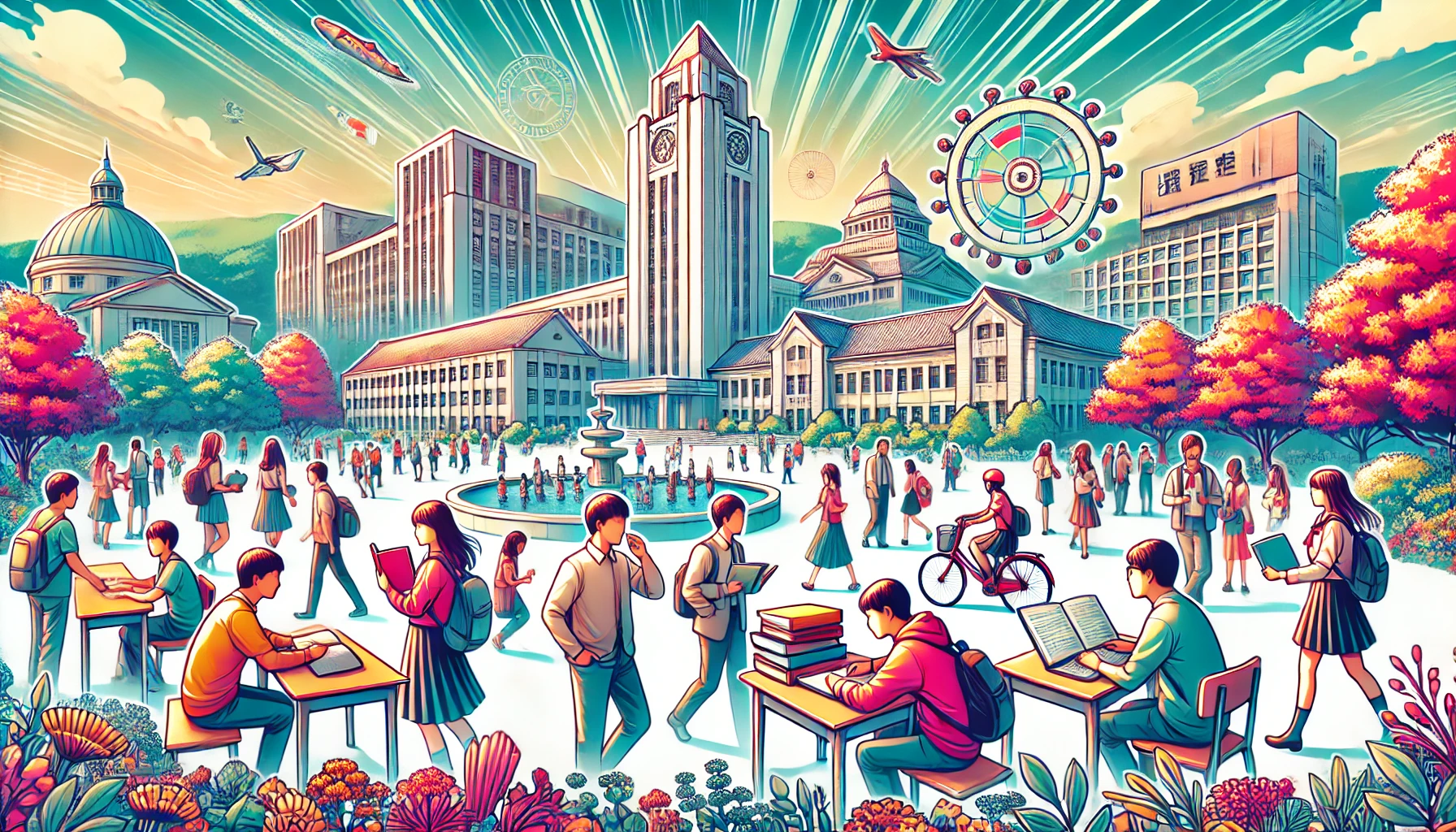 A dynamic image showcasing a vibrant university campus in the Tohoku region of Japan, highlighting its popularity. Include students engaging in various activities such as studying outdoors, attending lectures, and participating in campus events. The background should feature iconic buildings of the university and natural elements, representing the balance of education and nature. Use bright colors to convey a lively atmosphere, emphasizing the appeal of the campus.