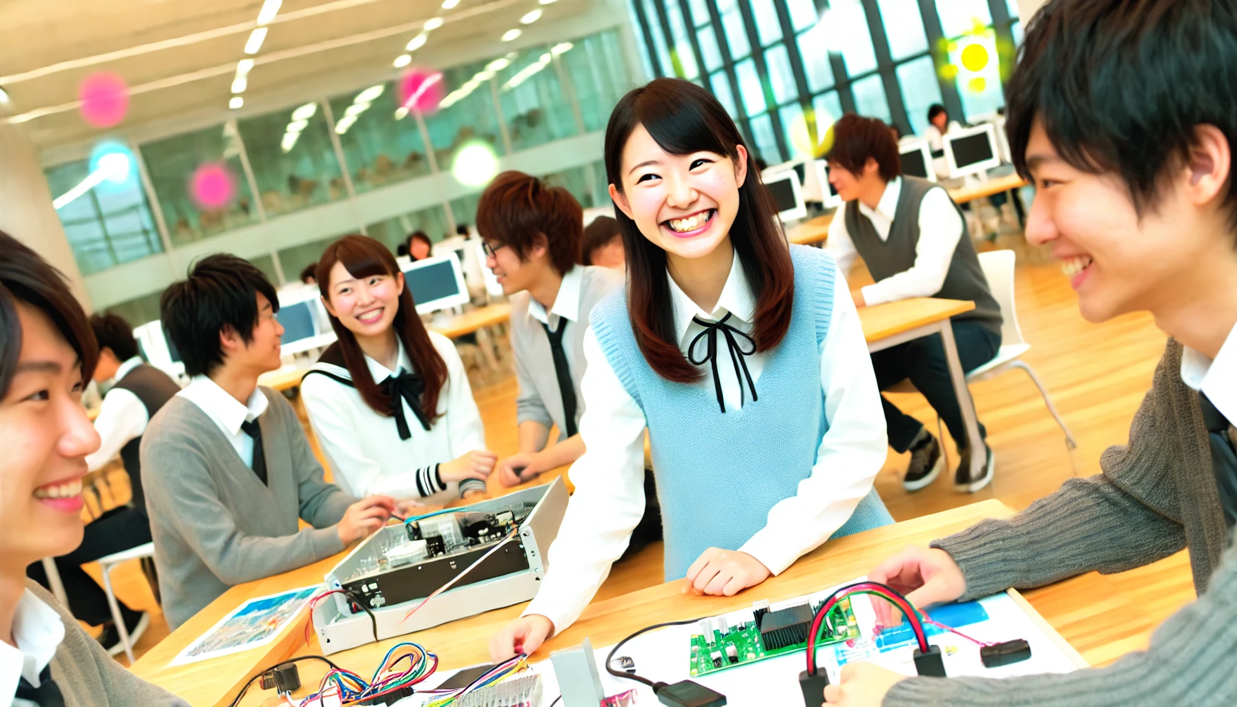 A lively and bright university scene showing a group of Japanese students who are talented and cheerful. The students are seen working together on innovative projects, smiling and interacting in collaborative spaces. The university campus is modern with advanced technology around them, symbolizing their intellectual capabilities and teamwork. The environment reflects a positive and dynamic atmosphere, emphasizing the energy and optimism of the students.