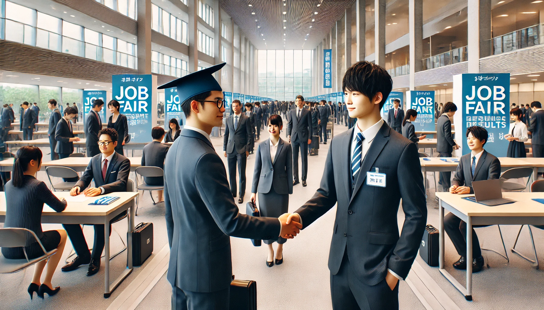 A professional setting at a university showcasing the strong employment results of a technological university. Japanese students are seen dressed professionally, some with graduation caps, shaking hands with recruiters. In the background, a job fair is happening, with booths from well-known companies, and students confidently interacting with recruiters. The scene reflects the university's strong job placement track record. The environment is modern, clean, and conveys success and opportunity.