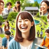 A vibrant and green university campus with natural surroundings, showcasing two main faculties: the Faculty of Sociology and the Faculty of Media Communication. Happy, bright Japanese students are interacting, laughing, and engaging in activities like group projects and casual campus discussions, representing a lively and positive student atmosphere.