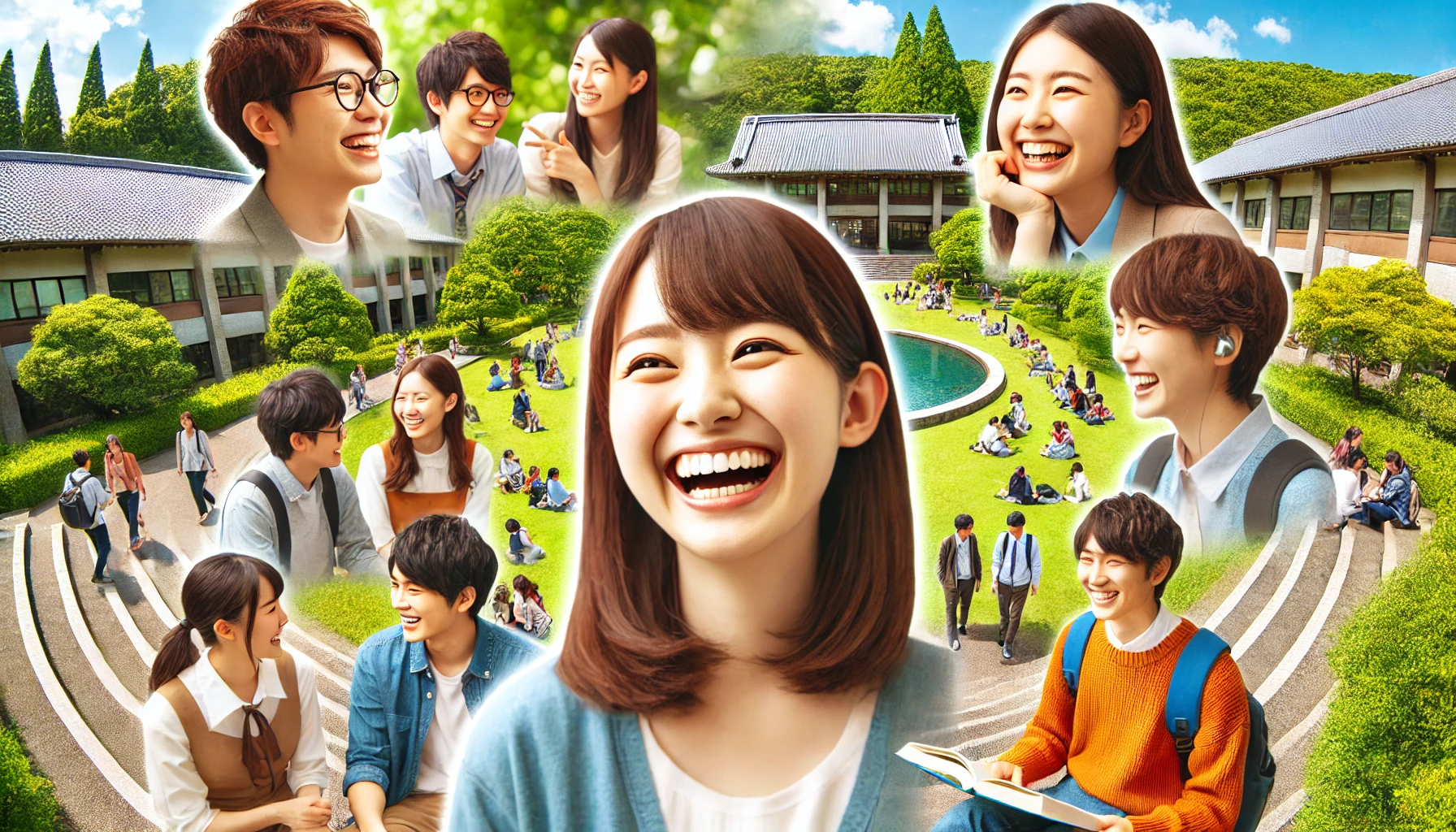 A vibrant and green university campus with natural surroundings, showcasing two main faculties: the Faculty of Sociology and the Faculty of Media Communication. Happy, bright Japanese students are interacting, laughing, and engaging in activities like group projects and casual campus discussions, representing a lively and positive student atmosphere.