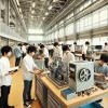 A modern Japanese university campus focused on engineering education. The scene captures students engaged in hands-on learning in a spacious, well-equipped workshop. Young Japanese students, both male and female, are working with machines and tools, demonstrating practical skills in a bright and welcoming environment. Emphasis on a clean, organized industrial setting, with visible tools and materials related to manufacturing and engineering. The background shows a modern academic building with large windows, fostering an atmosphere of professional, practical education.