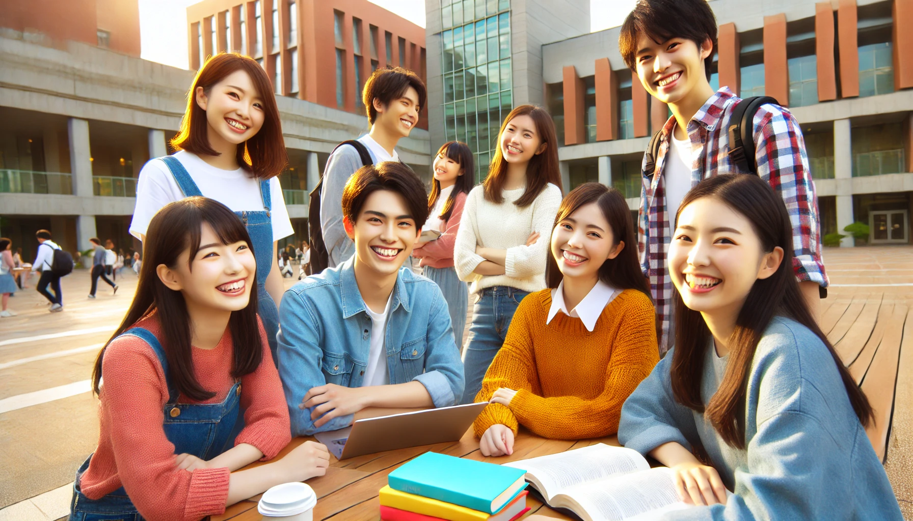 A vibrant university campus with joyful and bright students, showing teamwork, positivity, and a thriving academic environment. Japanese students are collaborating, smiling, and enjoying their educational experience, reflecting a welcoming and engaging student community. The setting exudes a sense of optimism, enthusiasm, and academic achievement. Wide landscape (16:9).