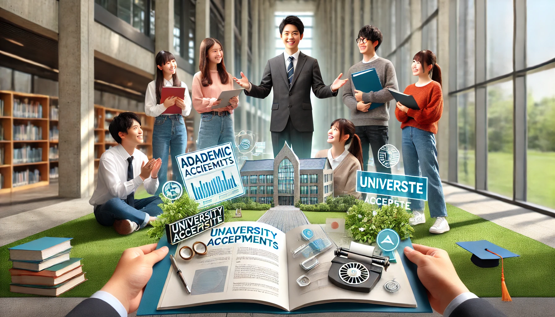 A modern university campus setting showcasing successful academic achievements and university acceptance, with documents, achievements, and smiling students. The image reflects strong academic results and the university's capability in higher education success. Japanese students are involved, celebrating accomplishments and future goals. Wide landscape (16:9).