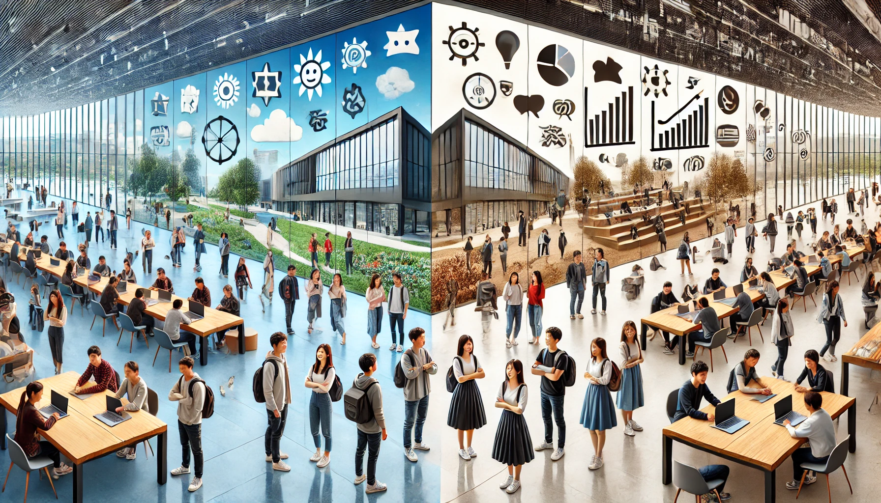 A modern university setting that shows a divided perception among students and society, with positive and critical views visually represented. Some students are actively engaging in practical, real-world learning programs, while others appear skeptical or questioning. The university environment reflects a mix of enthusiasm and critical reflection, embodying a polarized evaluation of its educational approach. Japanese students. Wide landscape (16:9).