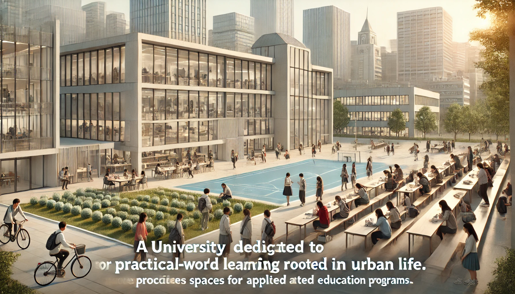 A modern university setting with buildings, classrooms, and open spaces showing practical and real-world education programs. Students are engaged in various activities, reflecting a university dedicated to practical learning rooted in urban life, providing spaces for applied learning and skill development. Japanese students are actively participating in this dynamic learning environment. Wide landscape (16:9).