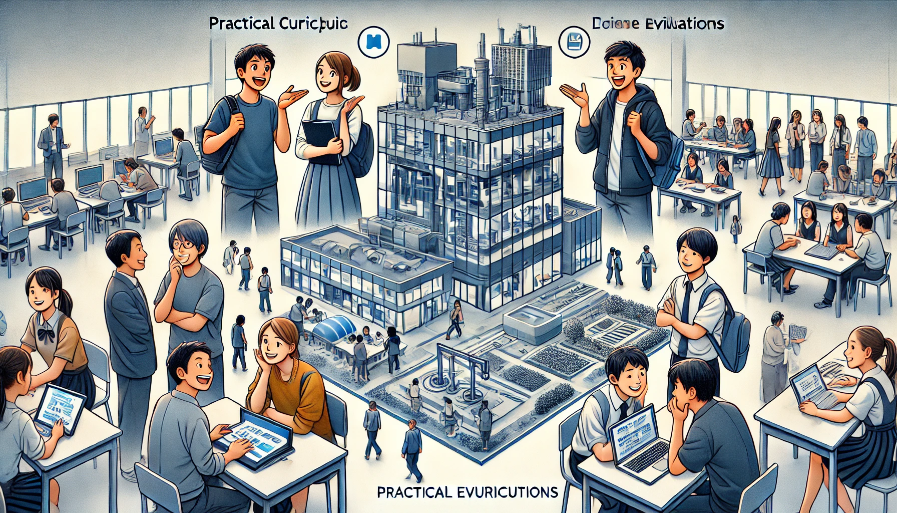 An image of a modern university campus in Kansai, Japan, showing contrasting evaluations. Some students are happily engaged in practical curriculum with high-tech facilities, while others seem uncertain or debating. The atmosphere is divided, showing mixed opinions on the university's offerings. Japanese students and faculty are present, with diverse reactions.