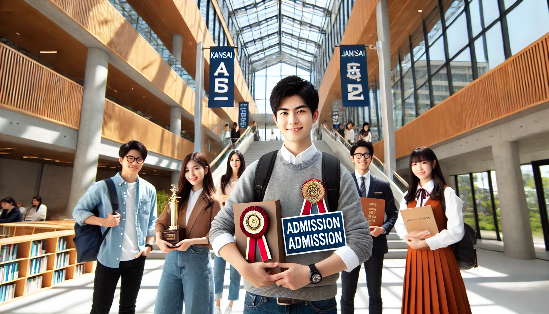 A modern university campus in Kansai, Japan, showcasing strong academic and admission achievements. Students are proudly displaying awards or academic achievements in a vibrant environment with advanced facilities, representing high progress and success in student accomplishments. Japanese students in a positive, motivating atmosphere.