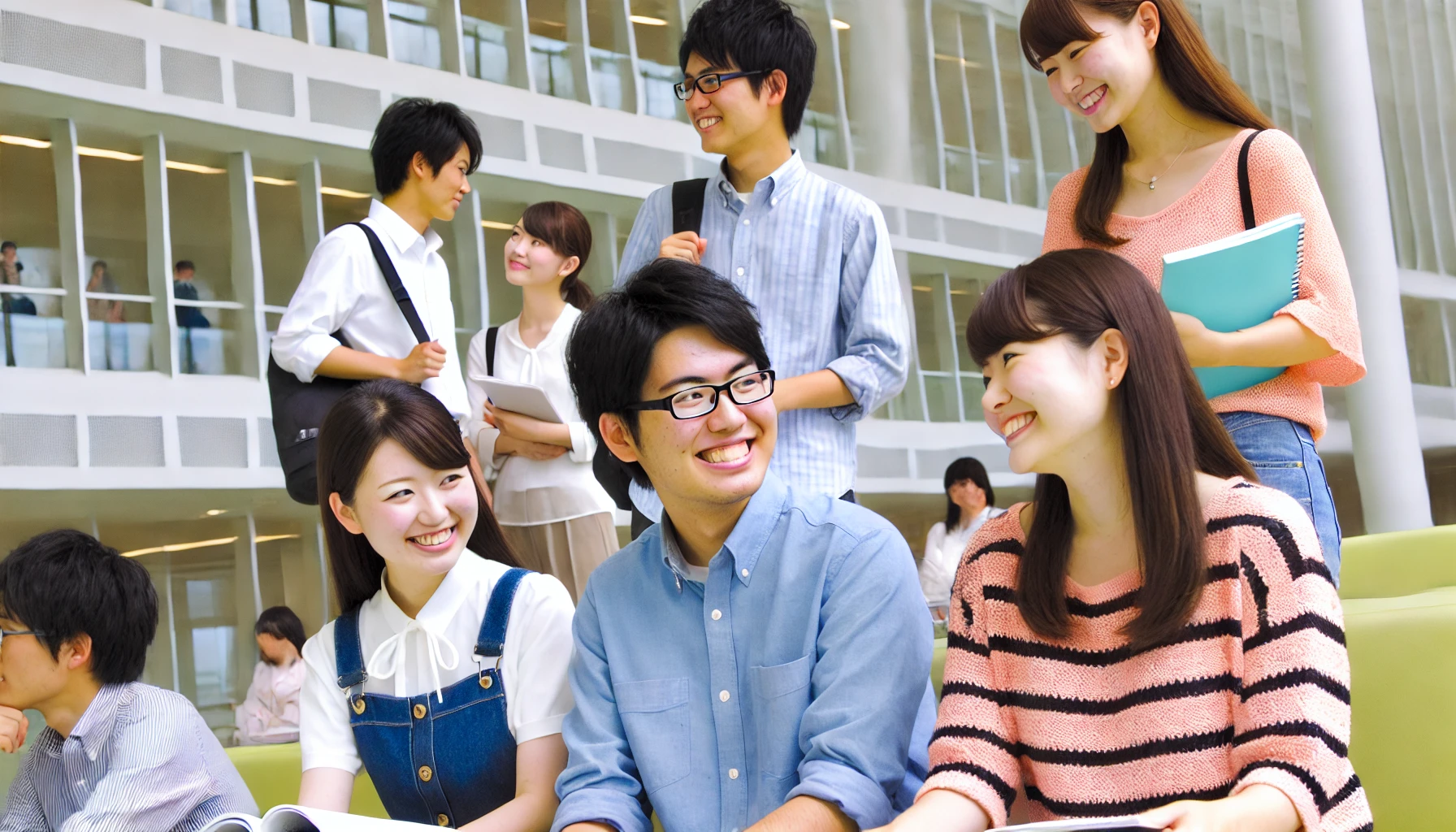 A modern university campus in Kansai, Japan, featuring bright, high-achieving, and friendly Japanese students. The students are engaged in collaborative learning, smiling and enjoying a supportive academic environment. The atmosphere is positive, inclusive, and shows camaraderie among students in a contemporary setting.